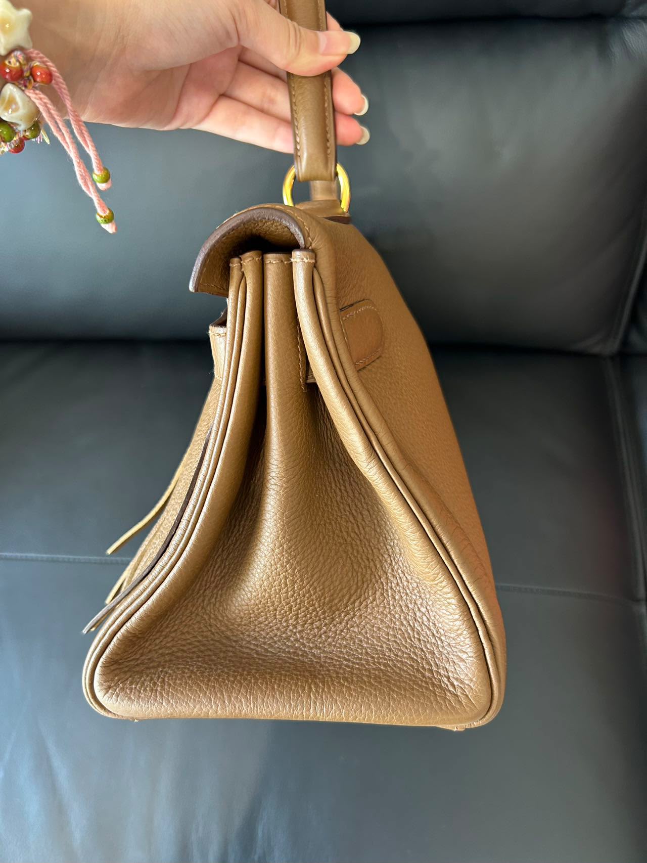 Hermes Kelly shoulder fringe Milk Tea