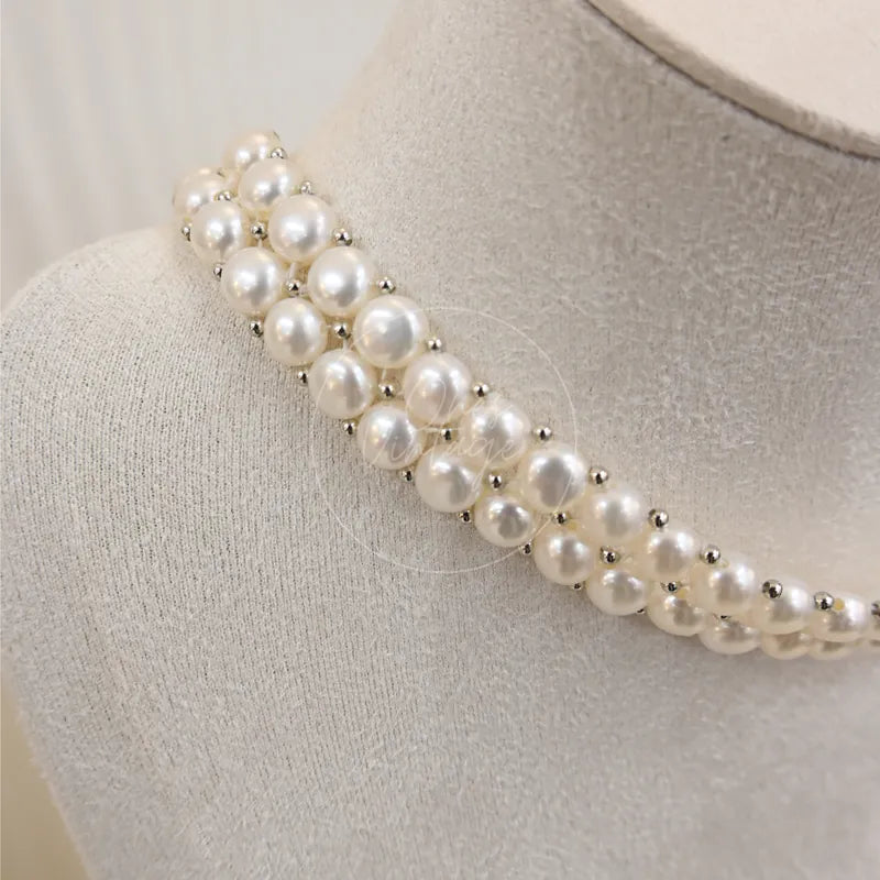 Akoya Pearl Double Chain Choker, chain with double-row pearl strands and small silver-toned spacer beads detail