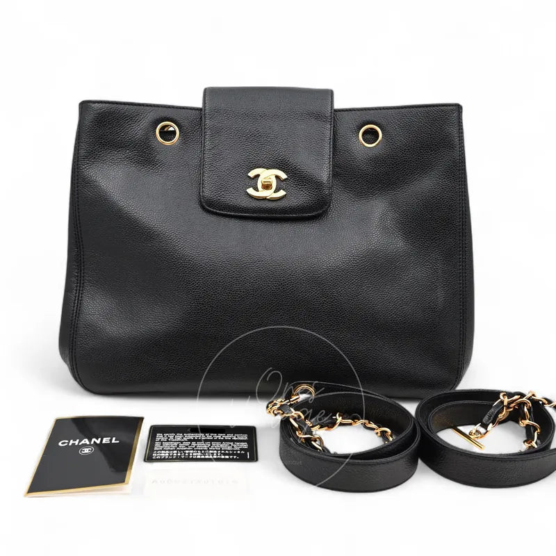 Chanel Supermodel Vintage Tote Bag in black caviar with gold-tone hardware, featuring front flap closure and gold-tone CC logo, front view