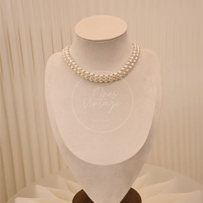 Akoya Pearl Double Chain Choker in akoya pearl and 925 silver, featuring double-strand necklace and round bead strands, front view