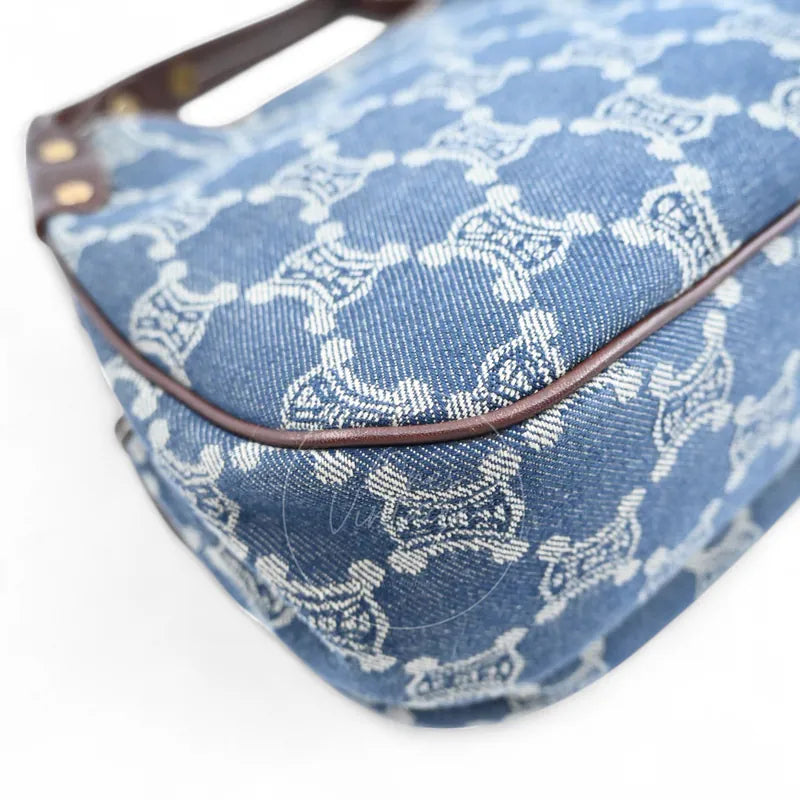 Celine Macadam Shoulder Bag denim, bag corner with monogram denim exterior and brown leather piping detail