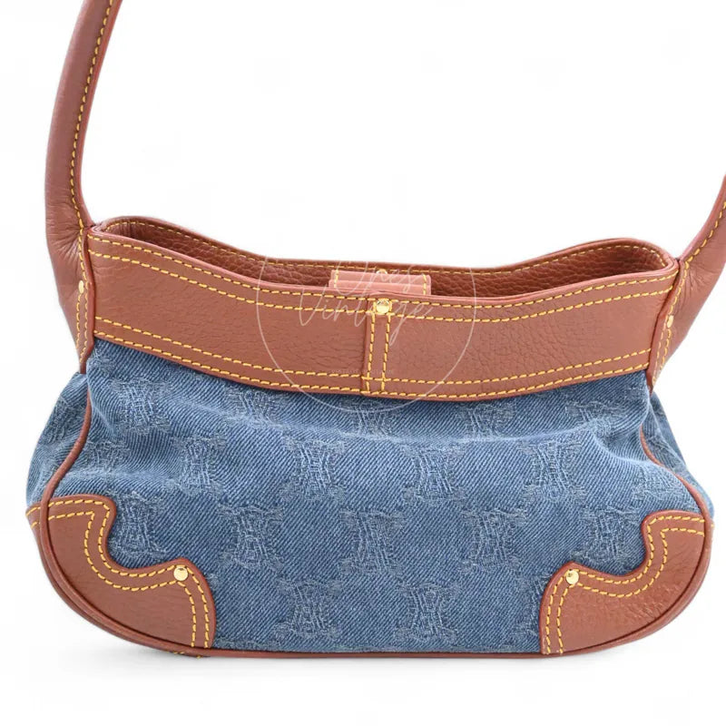 Celine Blason Triomphe Logo Denim Shoulder Bag Brown Blue