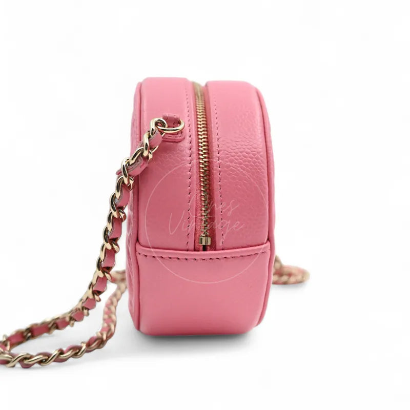 Chanel round clutch bag in pink camellia-embossed caviar leather with gold hardware, Series 29, left side profile and zipper