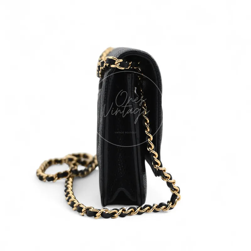 Chanel Wallet on Chain in black quilted caviar leather with gold hardware, Series 22, left side profile