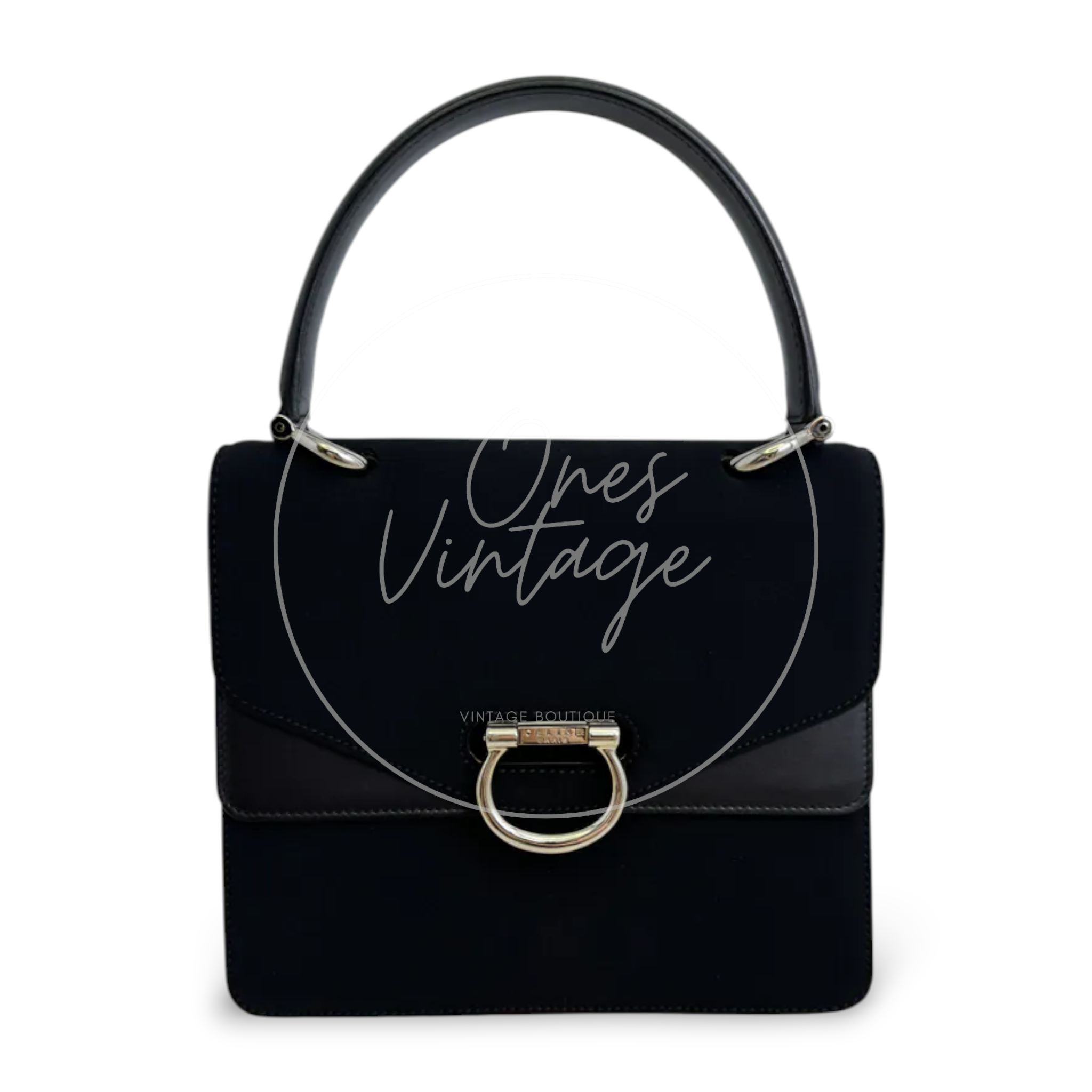 Celine Vintage Gancini Double Flap Bag Black Calfskin and Fabric GHW Black
