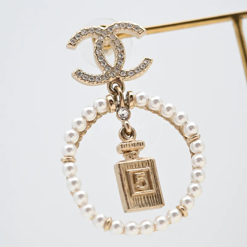 Chanel No.5 Perfume Bottle CC Mark Circle Drop Earrings in gold-plated alloy metal and pearl, featuring CC logo top, front view