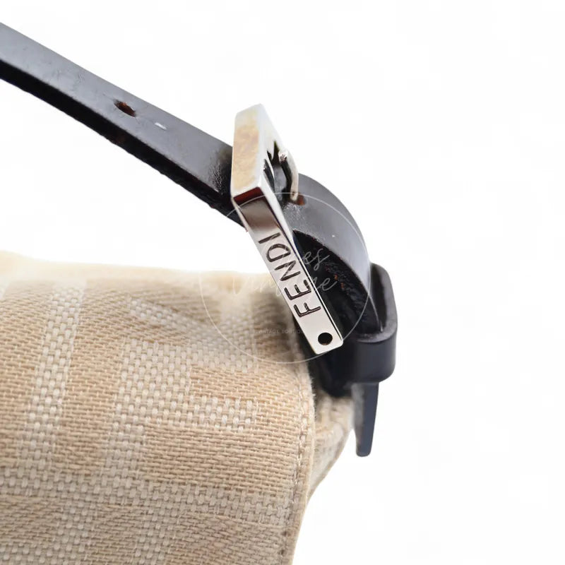 Fendi vintage Mamma Baguette in ivory Zucca canvas with dark brown leather trim, left Fendi engraved strap buckle