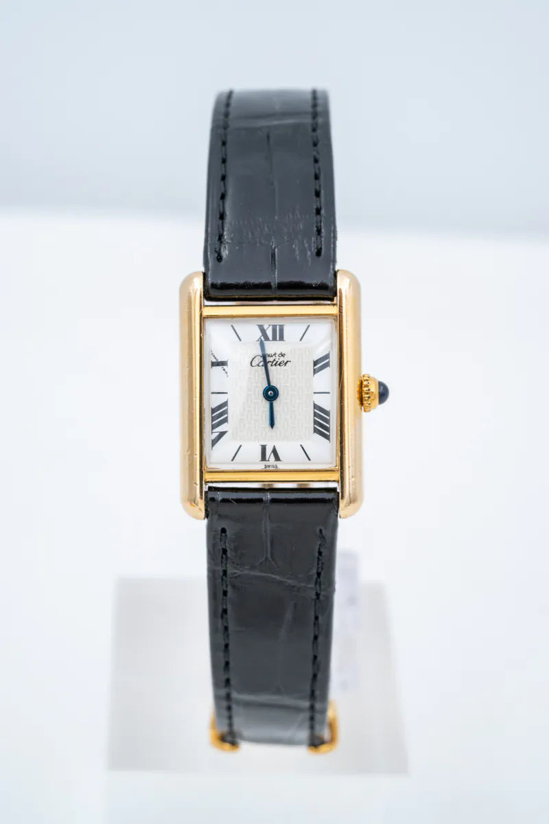 Cartier W1003154 1613 Vermeil Tank Vintage 20mm quartz watch, featuring rectangular case and Roman numeral dial, front view