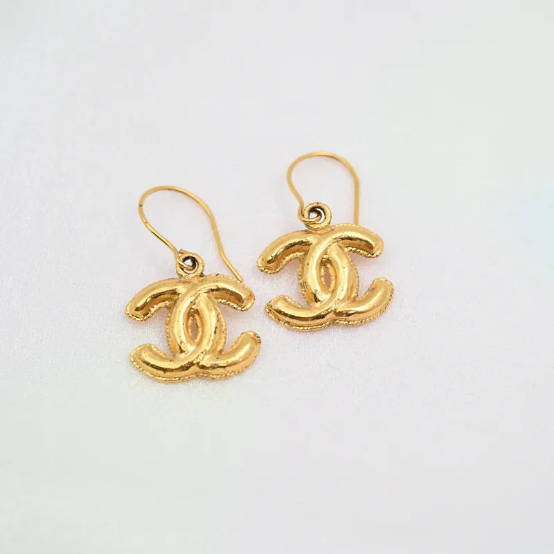 Chanel Vintage CC Mark Drop Earrings in gold-plated, featuring interlocking CC motifs and curved hook wires, front view