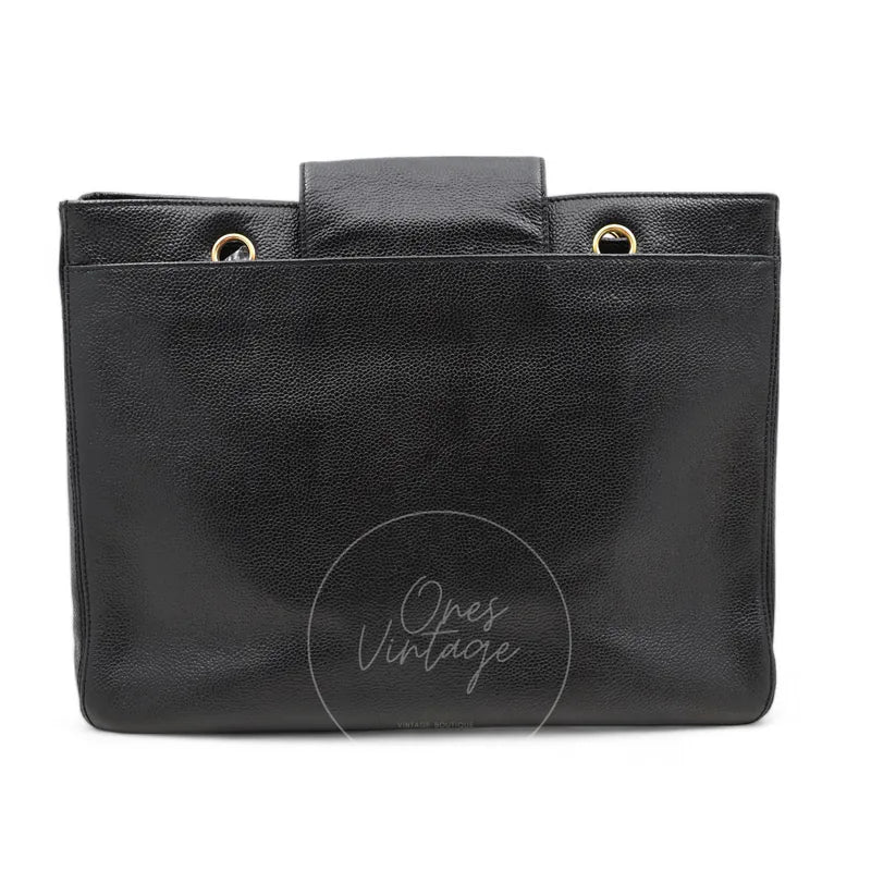 Chanel Supermodel Vintage Tote Bag in black caviar with gold-tone hardware, featuring pebbled leather texture and gold-tone handle rings, front view