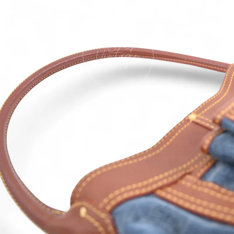 Celine Blason Triomphe Logo Shoulder Bag brown and, brown leather handle and blue denim body detail