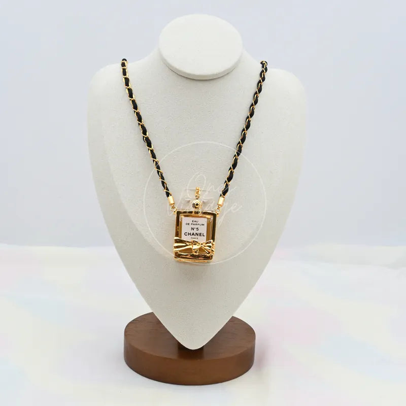 Chanel Perfume Eau De Parum No.5 24K Plated Necklace in 24K gold plated, featuring rectangular perfume-bottle pendant and linked chain, front view