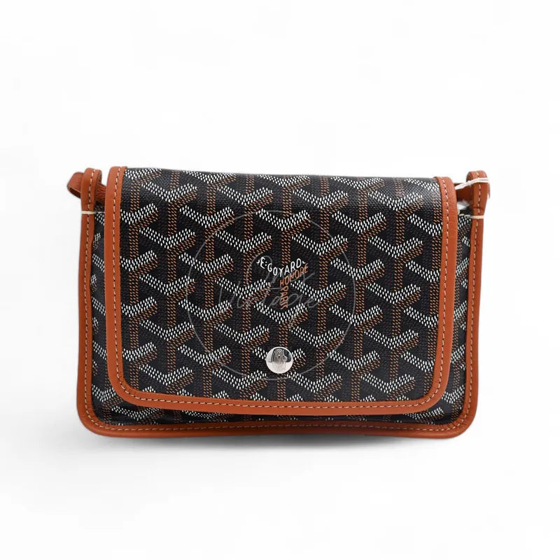 Goyard Plumet pocket wallet bag in black and tan Goyardine canvas front view