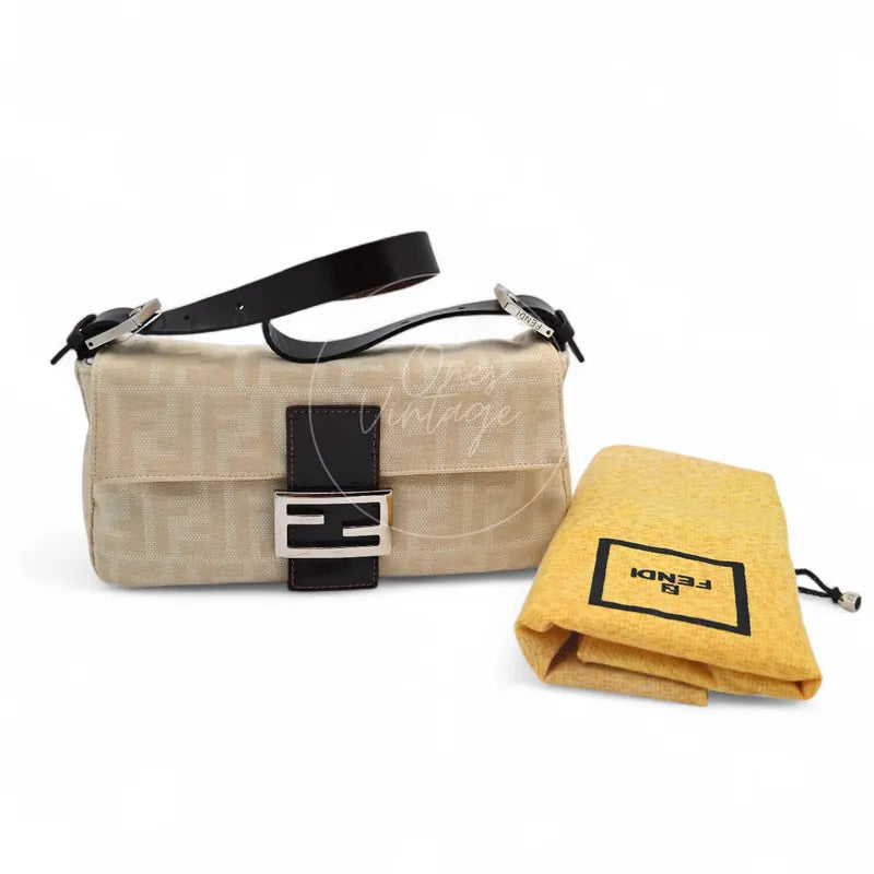 Fendi vintage Mamma Baguette in ivory Zucca canvas with dark brown leather trim, complete set with yellow Fendi dust bag