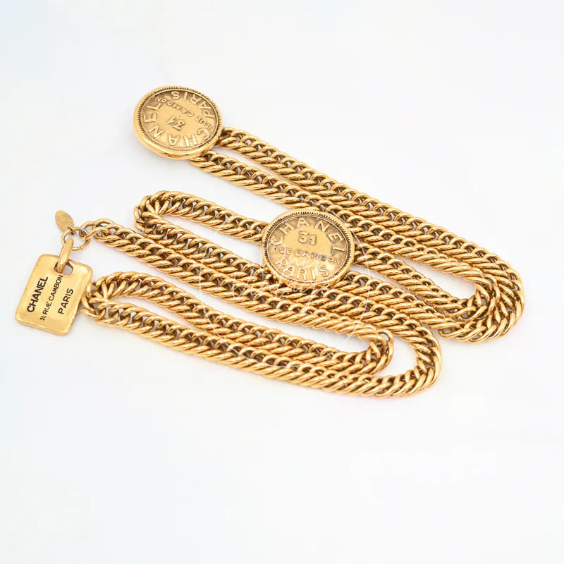 Chanel Plate Coin Cambon Belt in gold-plated, featuring braided chain links and round coin-style medallions, front view