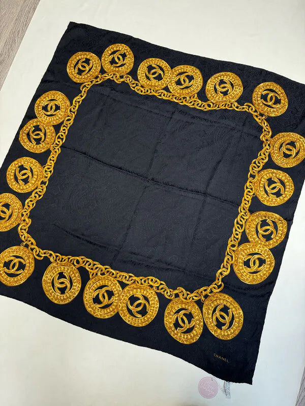 Chanel Gold CC Mark Charm Chain Black Square Scarf in silk, featuring gold-colored chain border and multiple circular CC logo charms, front view