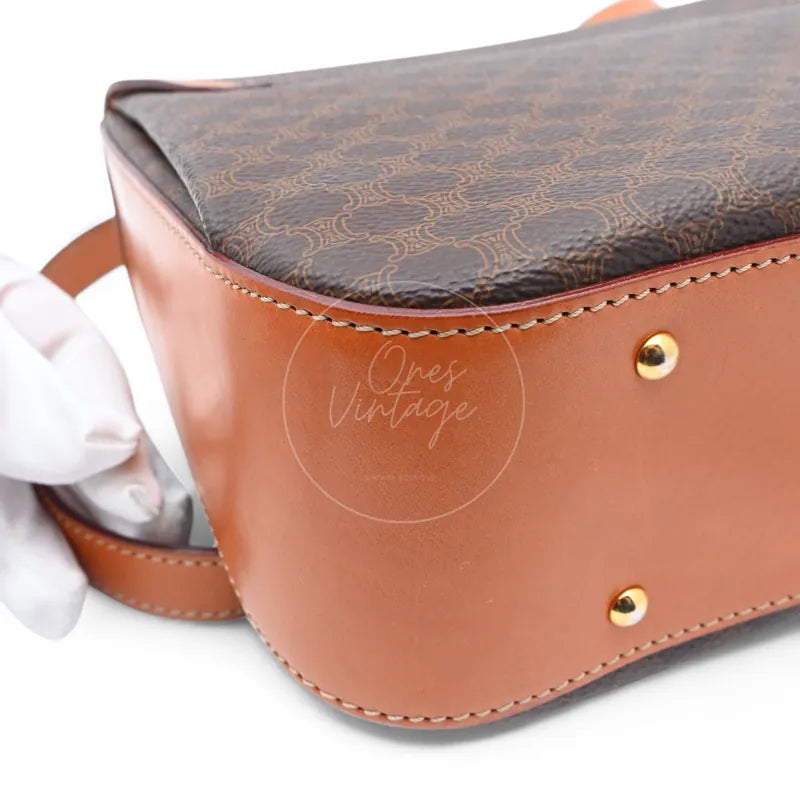 Celine Vintage Macadam Turn Lock Handbag pvc, bag corner with patterned upper panel and two gold-tone studs detail