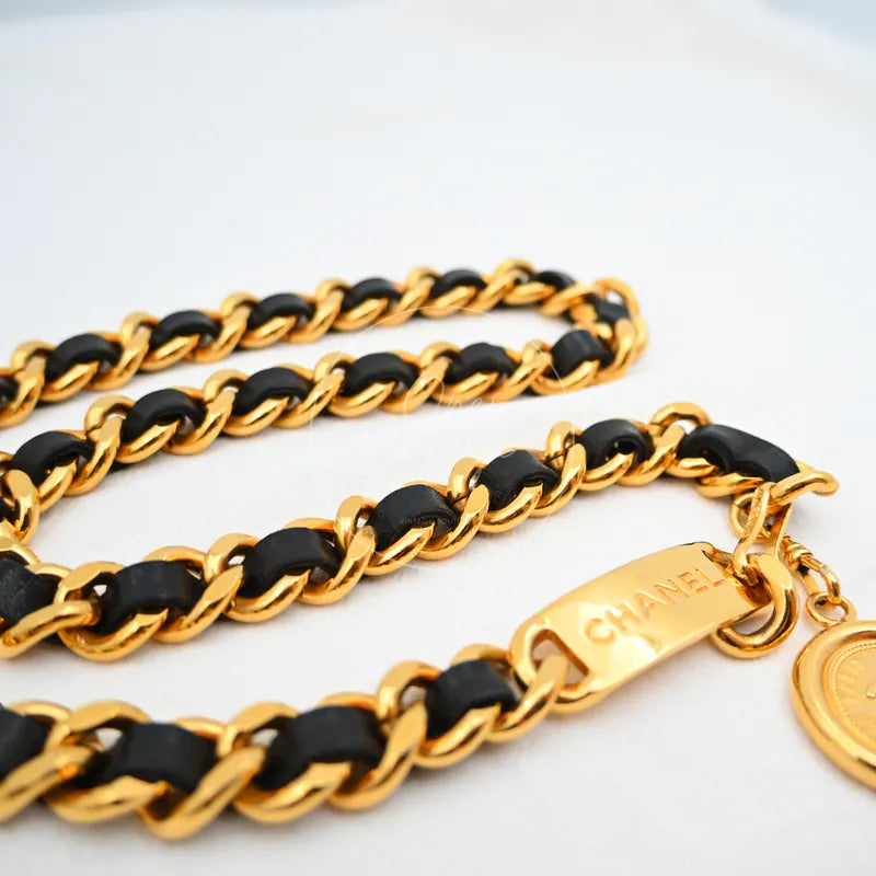 Chanel Coco Mark Chain Belt Gold Black Golden Metal, chain with interwoven gold-tone and black links and rectangular engraved plate detail