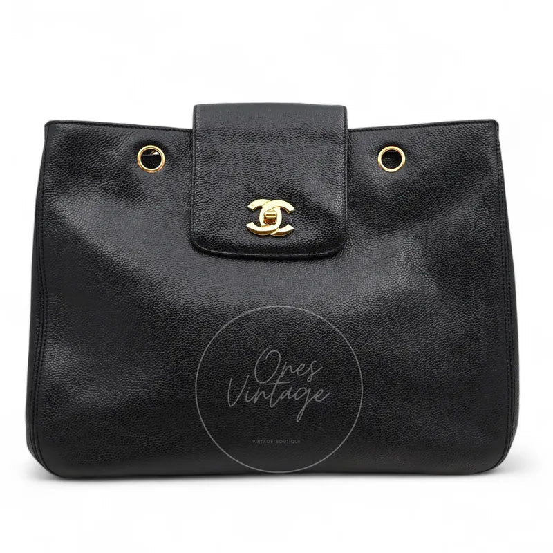 Chanel Supermodel Vintage Tote Bag in black caviar with gold-tone hardware, featuring front flap closure and interlocking CC logo clasp, front view