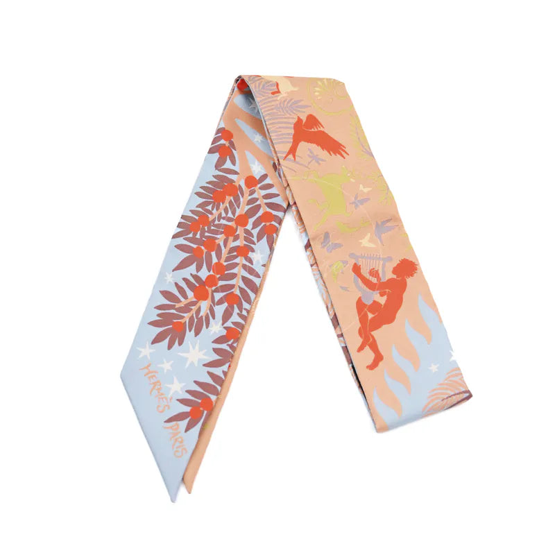 Hermès Sous le Charme d'Orphee Twilly in ciel, beige rose and vermillon silk 100%, featuring horse and floral print and narrow silk scarf, front view