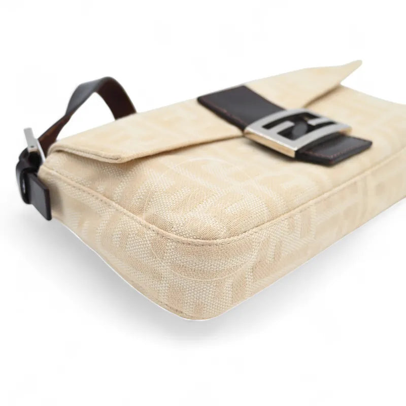 Fendi vintage Mamma Baguette in ivory Zucca canvas with dark brown leather trim, front left base corner