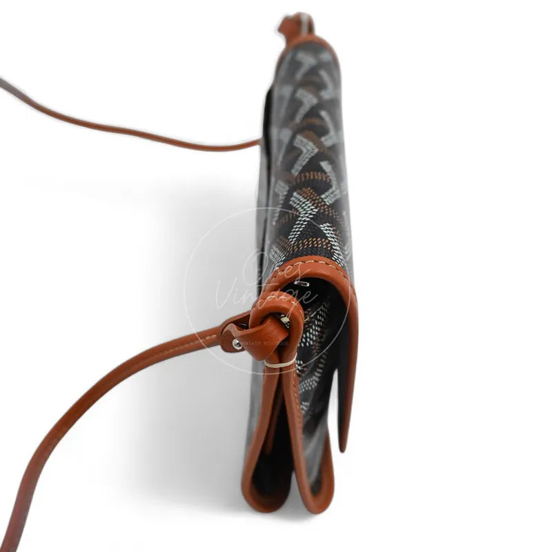 Goyard Plumet Pocket Wallet With Strap in black and tan, featuring adjustable leather strap and strap attachment ring, right side view