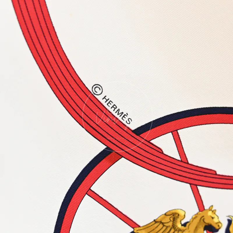 Hermès Springs Multicolor Scarf, Printed equestrian motif and Red, navy and cream curved bands detail