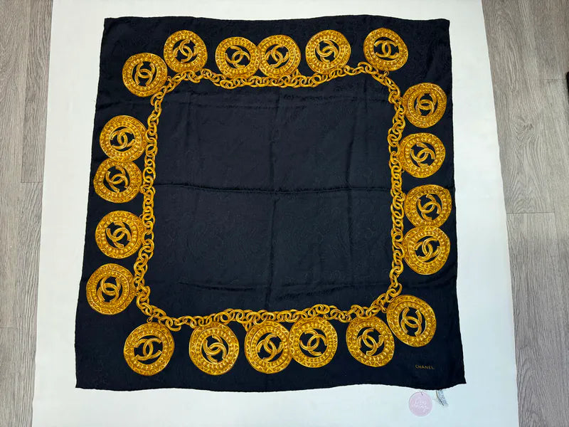 Chanel Gold CC Mark Charm Chain Black Square Scarf in silk, featuring black square scarf and gold CC motif border, front view