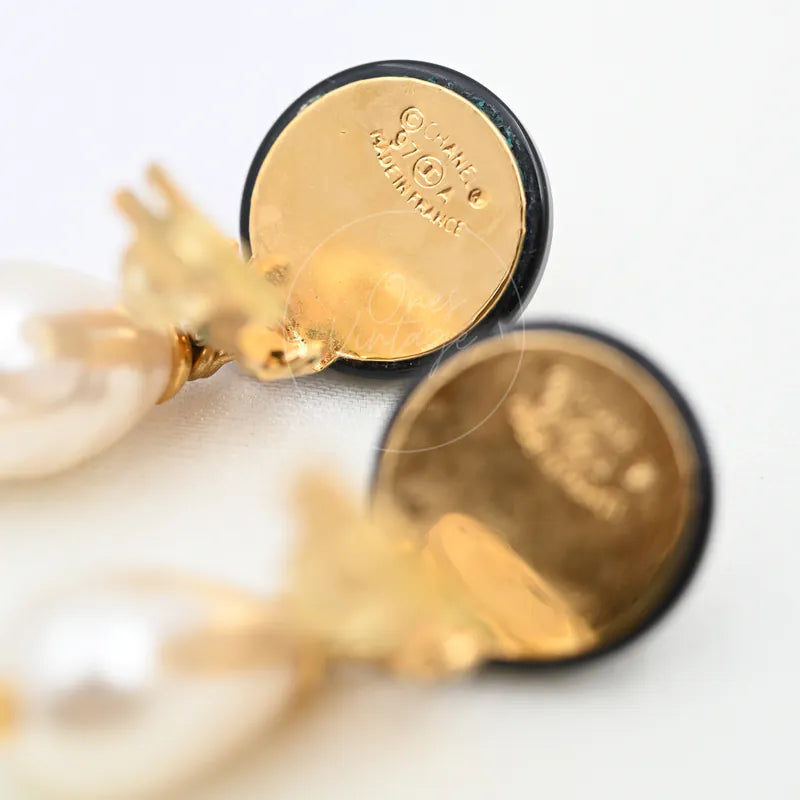 Chanel Teardrop Pearl CC Dangle Earrings, engraving detail