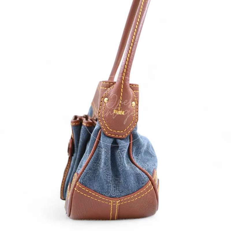 Celine Blason Triomphe Logo Shoulder Bag in brown and blue, featuring drawstring closure and leather trim, right side view