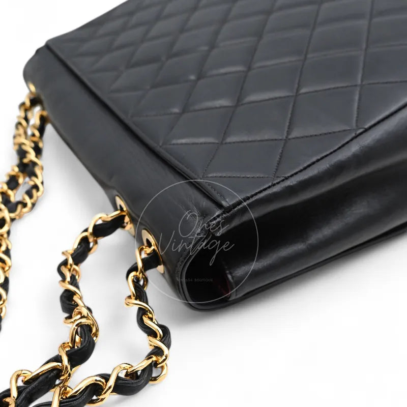 Chanel Vintage Maxi CC Straight Flap Bag lambskin, bag corner with woven chain strap and diamond quilting detail