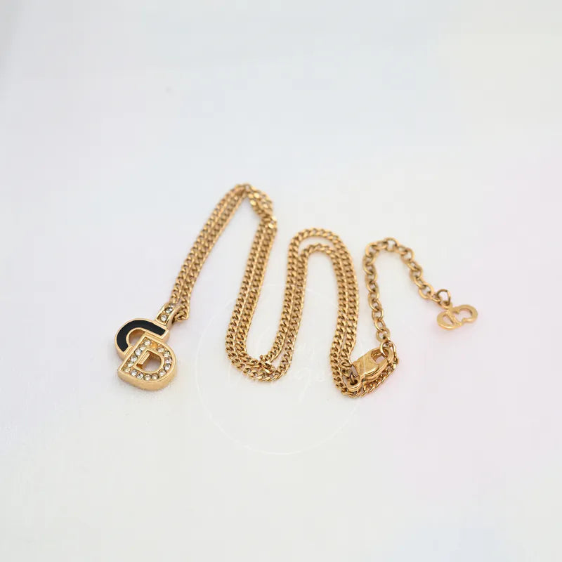 Dior Rhinestone-embellished CD logo Necklace in alloy metal and crystal, featuring lobster clasp and rhinestone-encrusted CD pendant, front view