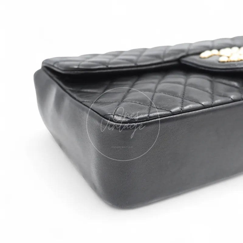 Chanel Westminster Pearl Medium Classic Flap Bag With Pearl Chain lambskin, rounded lower corner and smooth leather side panel detail
