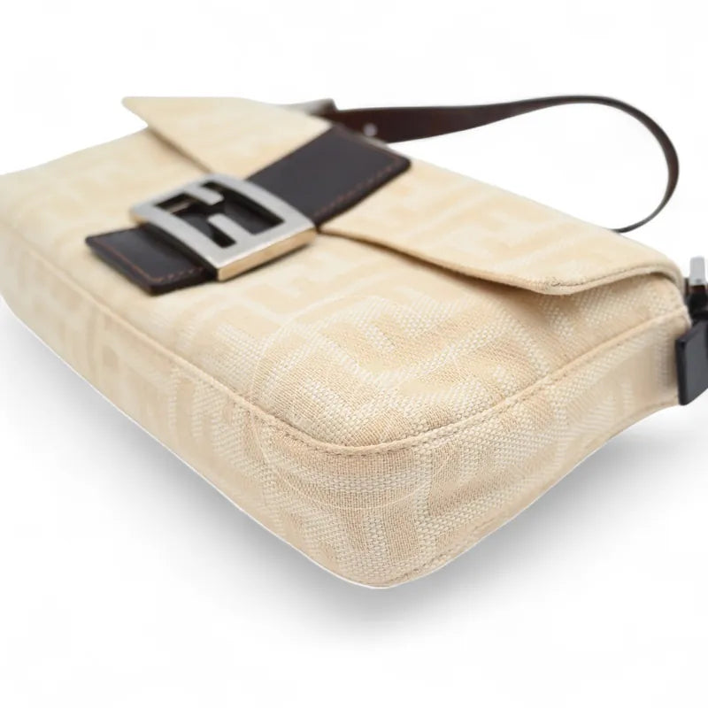 Fendi vintage Mamma Baguette in ivory Zucca canvas with dark brown leather trim, front right base corner