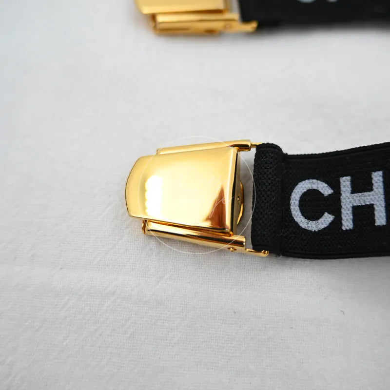 Chanel Logo-jacquard Armbands, polished gold-colour clasp and black logo-jacquard band detail