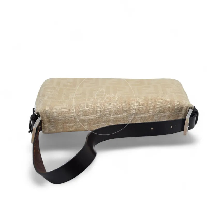 Fendi vintage Mamma Baguette in ivory Zucca canvas with dark brown leather trim, top view with adjustable shoulder strap