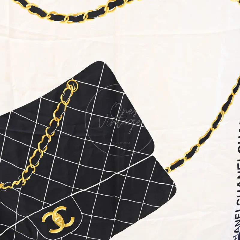 Chanel and Scarf in black and white silk, featuring white grid print and interlocking CC logo, front view