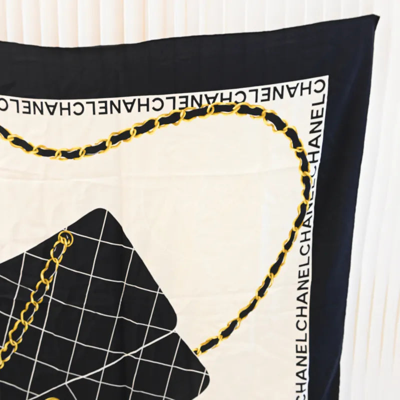 Chanel and Scarf, printed chain motif and geometric grid pattern detail