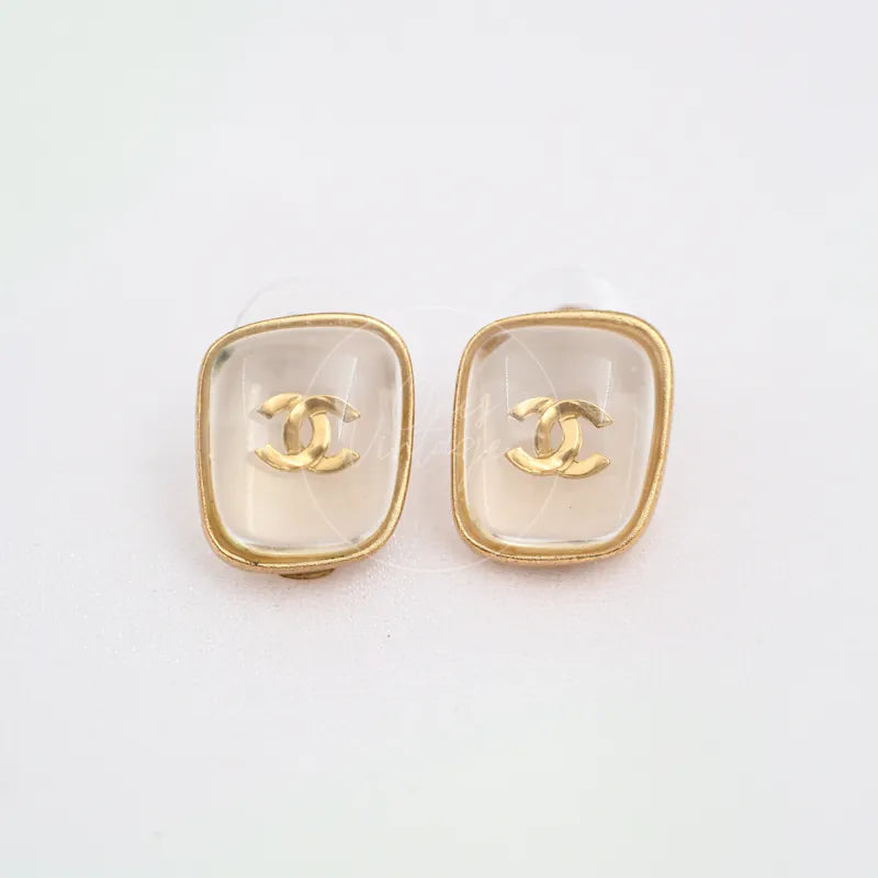 Chanel Vintage Clear Rectangle CC Logo Earrings in glaze alloy metal, featuring central interlocking CC logos, front view