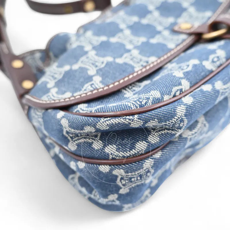 Celine Macadam Shoulder Bag denim, bag corner with floral patterned denim and brown leather piping detail