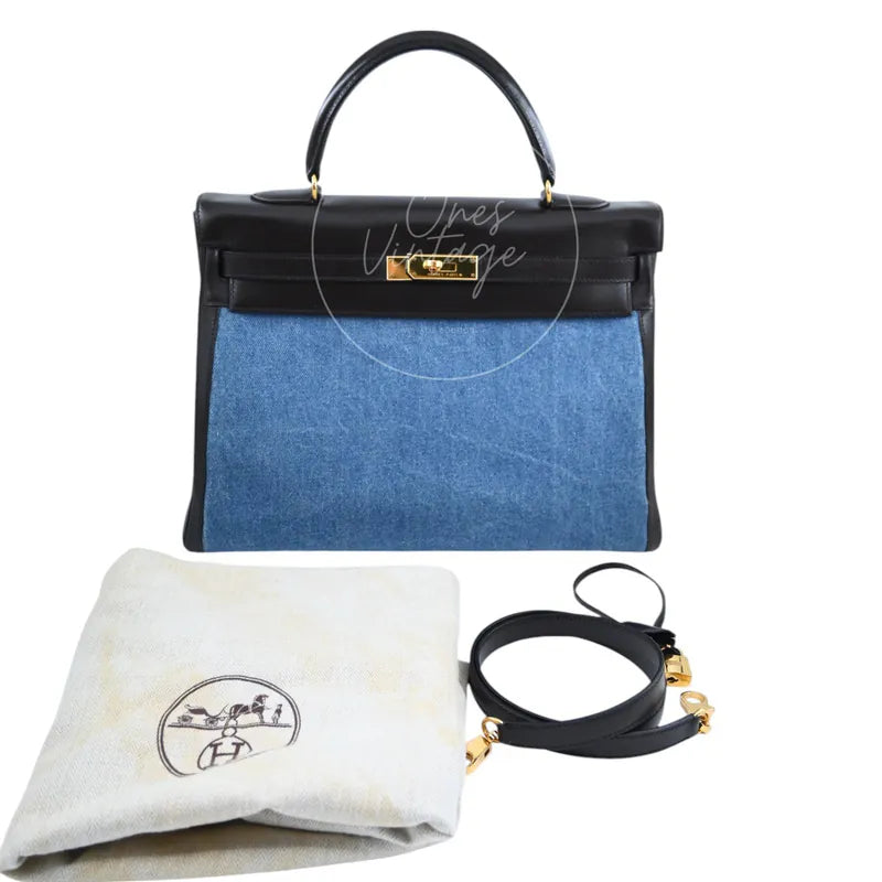 Hermès Kelly 35 x Stamp in dark brown and denim, featuring gold-tone turn-lock closure with detachable shoulder strap and dust bag, front view