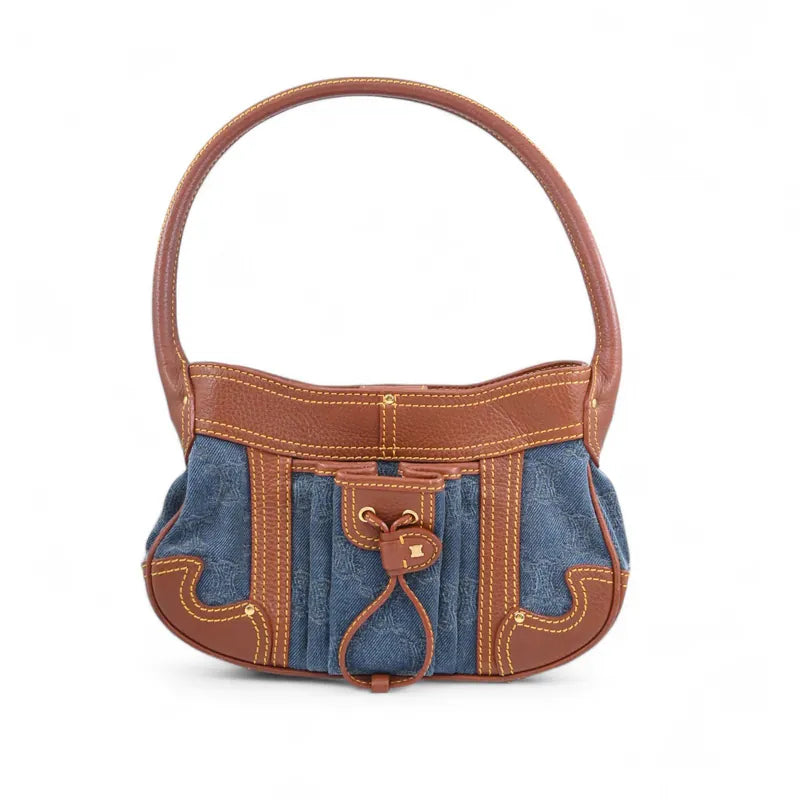 Céline Vintage Denim Macadam canvas shoulder bag with brown leather trim front view