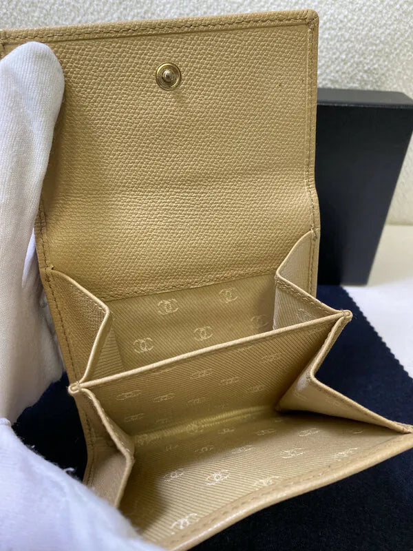 Chanel CC Logo Compact Trifold Wallet, snap closure and trifold interior detail