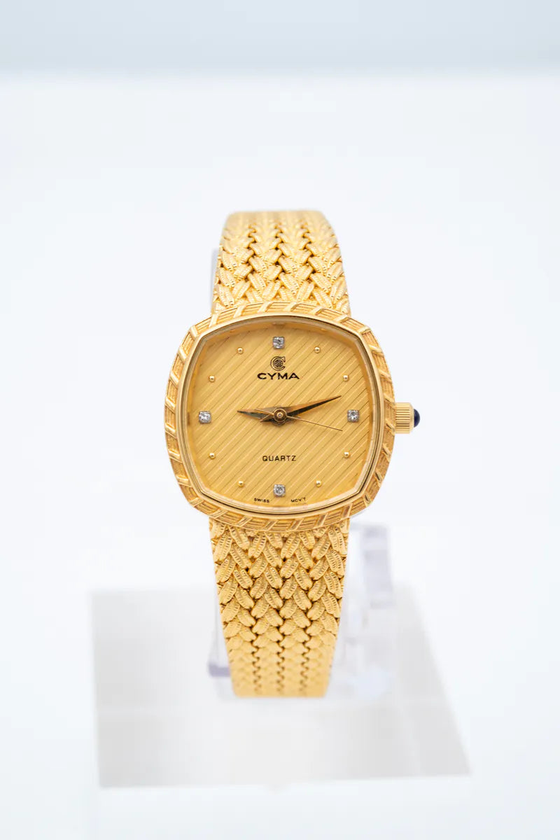 CYMA Vintage Yellow Plated Square Dial 20mm quartz watch, featuring woven metal bracelet and square rounded-edge case, front view