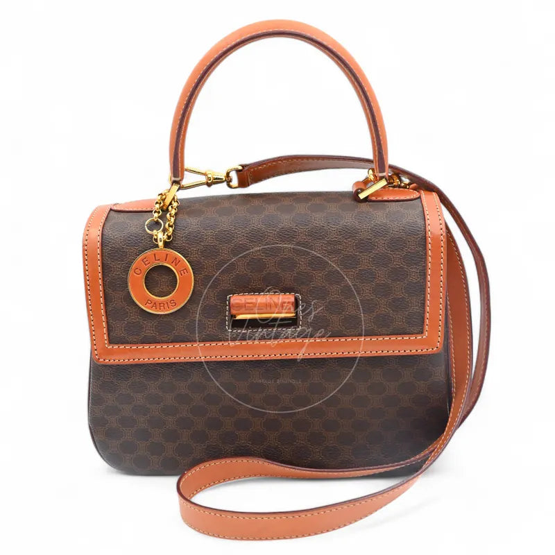 Céline Vintage Macadam canvas top handle bag with brown leather trim and shoulder strap