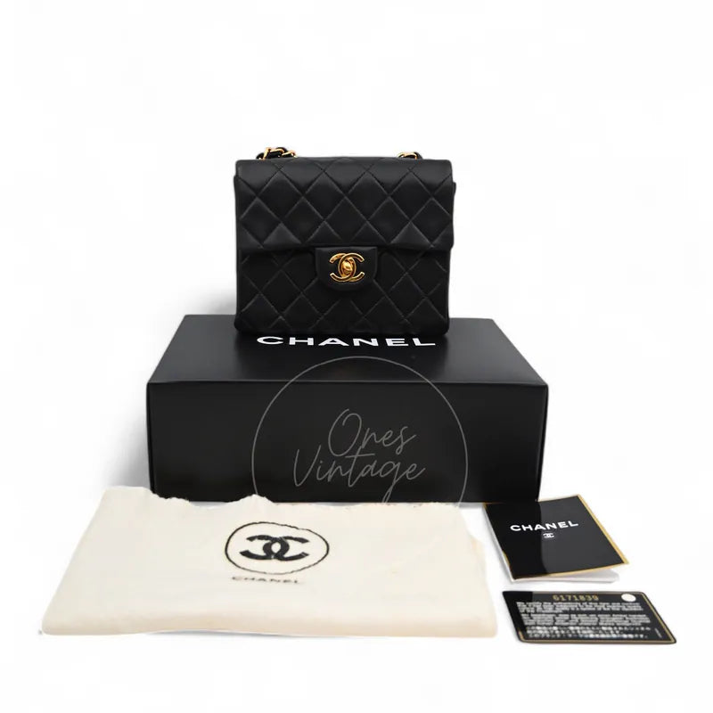 Chanel Vintage Mini Square Single Flap Bag in black lambskin, featuring CC turn-lock clasp with presentation box and dust bag, front view