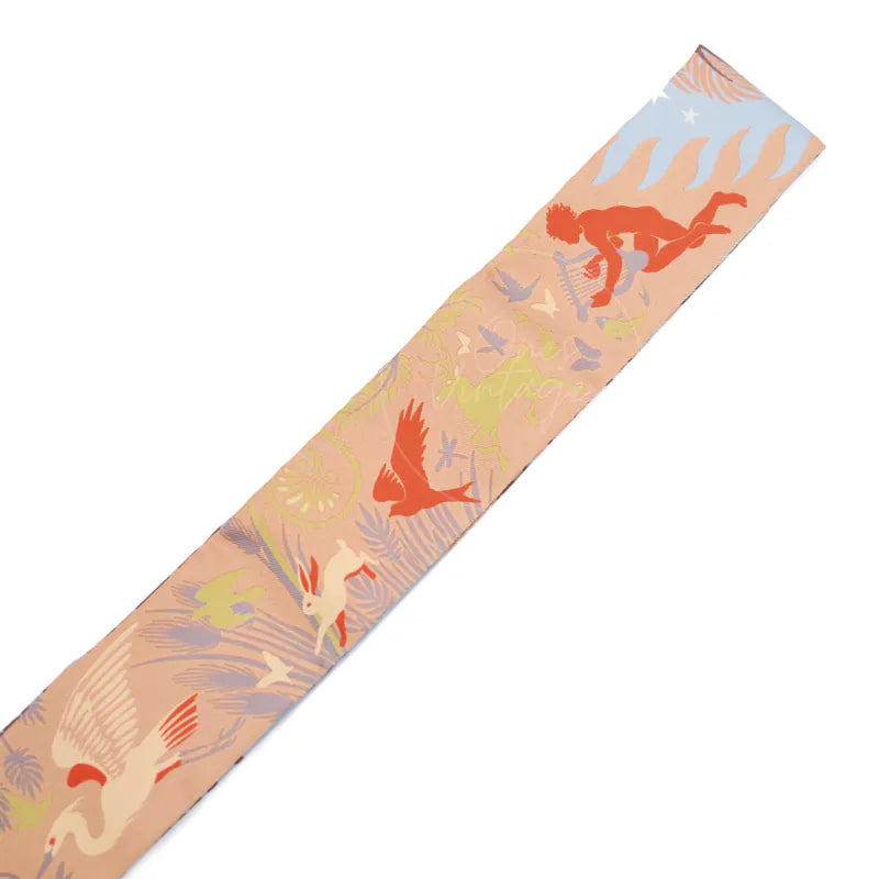 Hermès Sous le Charme d'Orphee Twilly in ciel, beige rose and vermillon silk 100%, featuring pastel multicolour print, front view