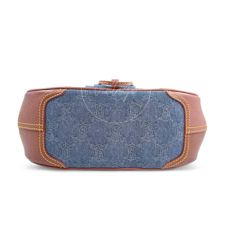 Celine Blason Triomphe Logo Shoulder Bag in brown and blue, featuring blue monogram denim panel and brown leather trim, base view