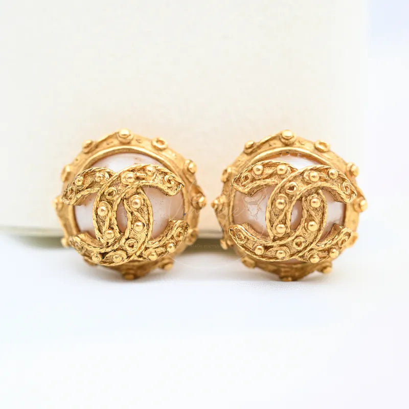 Chanel Vintage CC Faux-Pearl Clip-on Earrings in faux pearl and gold-plated, featuring interlocking CC motif, front view