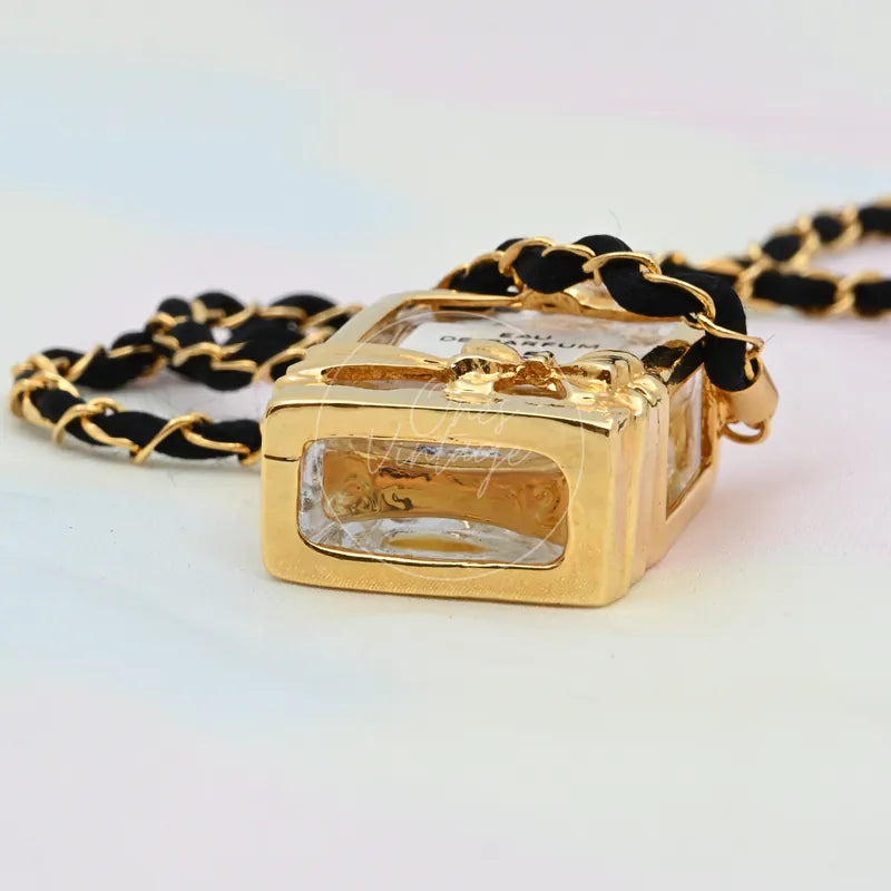 Chanel Perfume Eau De Parum No.5 24K Plated Necklace, rectangular perfume-bottle pendant and transparent front window detail